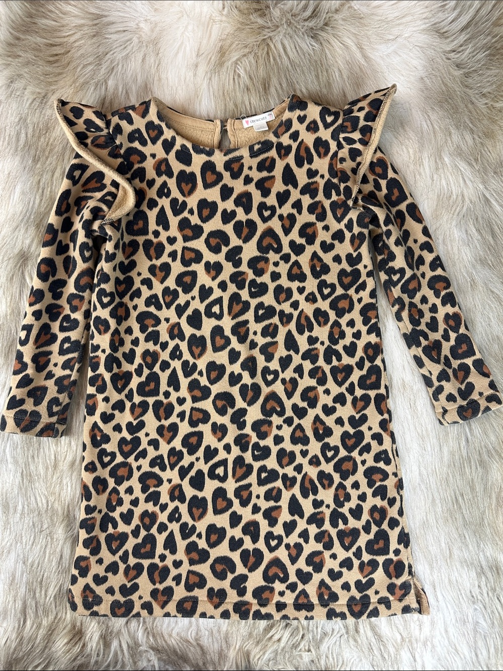 Crewcuts Girls Leopard Heart Print Ruffle Shoulder Sweatshirt Dress Size 7